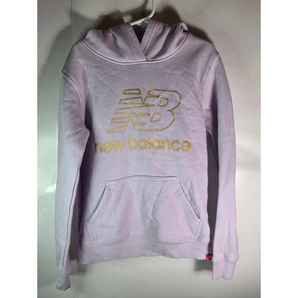New Balance Girls Hoodie Sweatshirt Size S 7/8 Purple Gold Logo Pullover Fleece